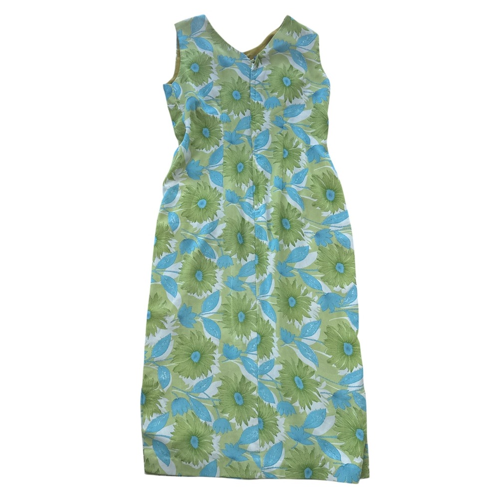 Vintage 1960s Floral Maxi Dress Mod Flower Power Sleeveless Sheath Green Blue - Picture 2 of 9